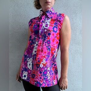 Vintage 1960s Handmade Pink Purple Flower Power Button Down Tunic Top Sz M